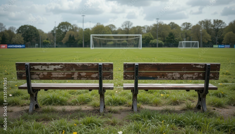Abandoned Benches Overlooking a Green Football Field and Goal Abandoned Benches Overlooking a Green Football Field and Goal