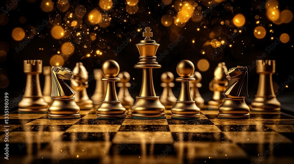 Golden chess pieces on a dark board, sparkling background Golden chess pieces on a dark board, sparkling background