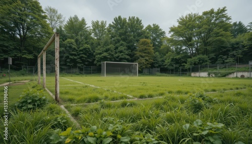 Wallpaper Mural Abandoned Soccer Field Surrounded by Lush Greenery and Trees Torontodigital.ca