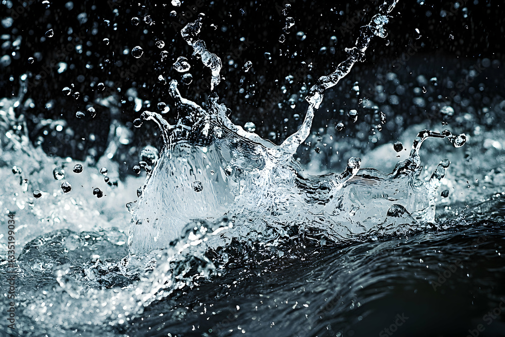 Water Splash Action Creating Dynamic Forms with Droplets Against Dark Backdrop Water Splash Action Creating Dynamic Forms with Droplets Against Dark Backdrop
