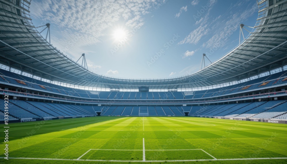 Fototapeta premium Bright Sunny Day at a Modern Stadium with Green Grass Field