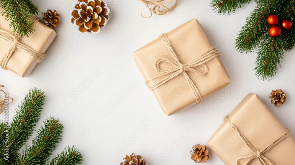 Festive gift boxes arranged creatively, neutral background with pinecones and greenery, perfect for holiday celebrations. Festive gift boxes arranged creatively, neutral background with pinecones and greenery, perfect for holiday celebrations.
