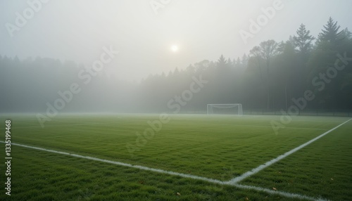 Serene Soccer Field in Fog with Morning Sunlight and Lush Grass