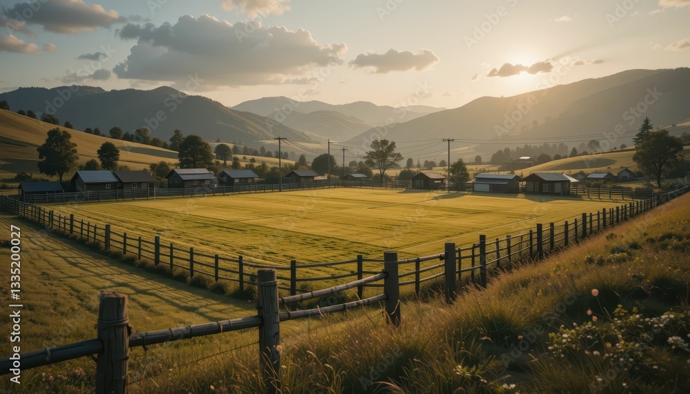 Serene Rural Landscape at Sunset with Fields and Mountains in View Serene Rural Landscape at Sunset with Fields and Mountains in View