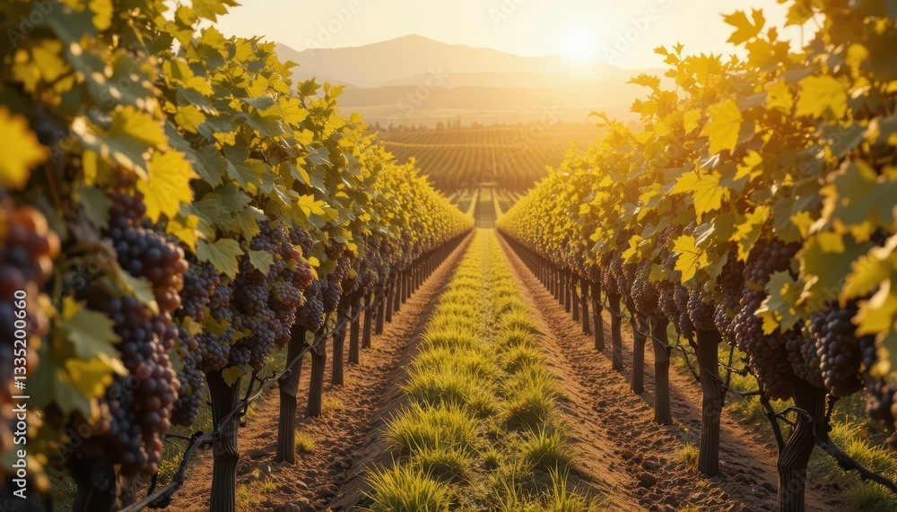 Fototapeta premium Scenic Vineyard Landscape with Grape Vines and Setting Sunlight