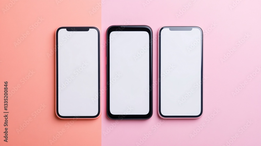 Three blank smartphones, modern design, minimalist style, showcasing potential for apps or content, suitable for tech promotions. Three blank smartphones, modern design, minimalist style, showcasing potential for apps or content, suitable for tech promotions.