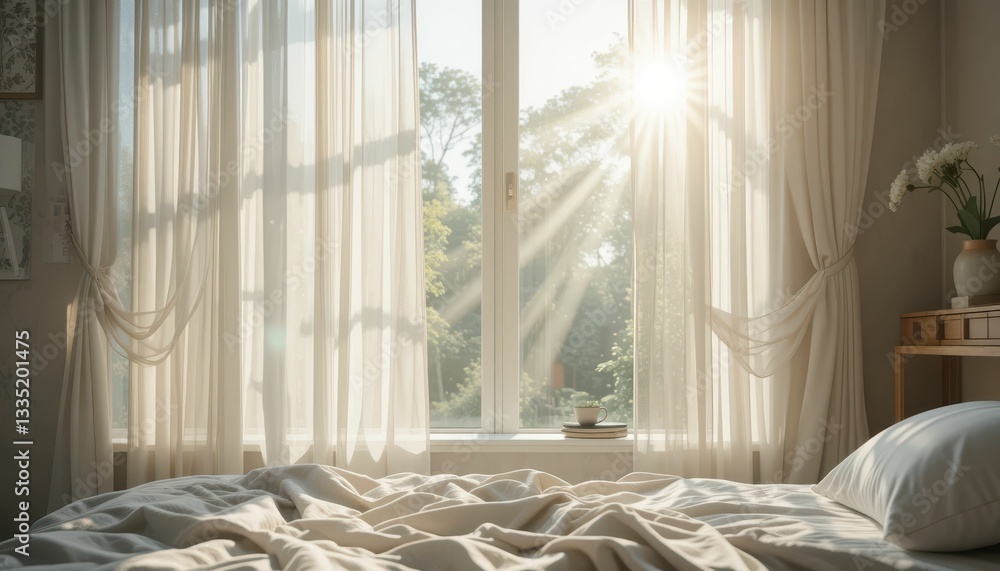 Soft Morning Light Streaming Through Sheer Curtains in Cozy Bedroom Soft Morning Light Streaming Through Sheer Curtains in Cozy Bedroom