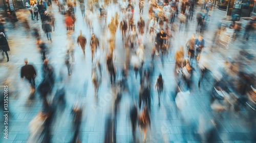 Many people blurred moving fast through urban city streets