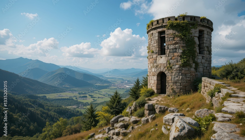 Scenic View of Stone Tower Overlooking Lush Mountain Landscape Scenic View of Stone Tower Overlooking Lush Mountain Landscape