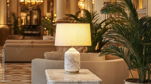 A white marble base table lamp with a silk off-white shade, placed on a marble-topped console table in an opulent hotel lobby