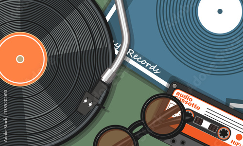Vinyl record, sound pickup, cardboard bag, audio cassette and round frame glasses. Collage, poster in 80s - 90s style. Vector illustration