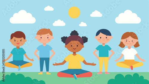 Mindful Movement A group of children practicing yoga poses outdoors under sunlight. Each pose is simple highlighting the connection between movement and mindfulness.