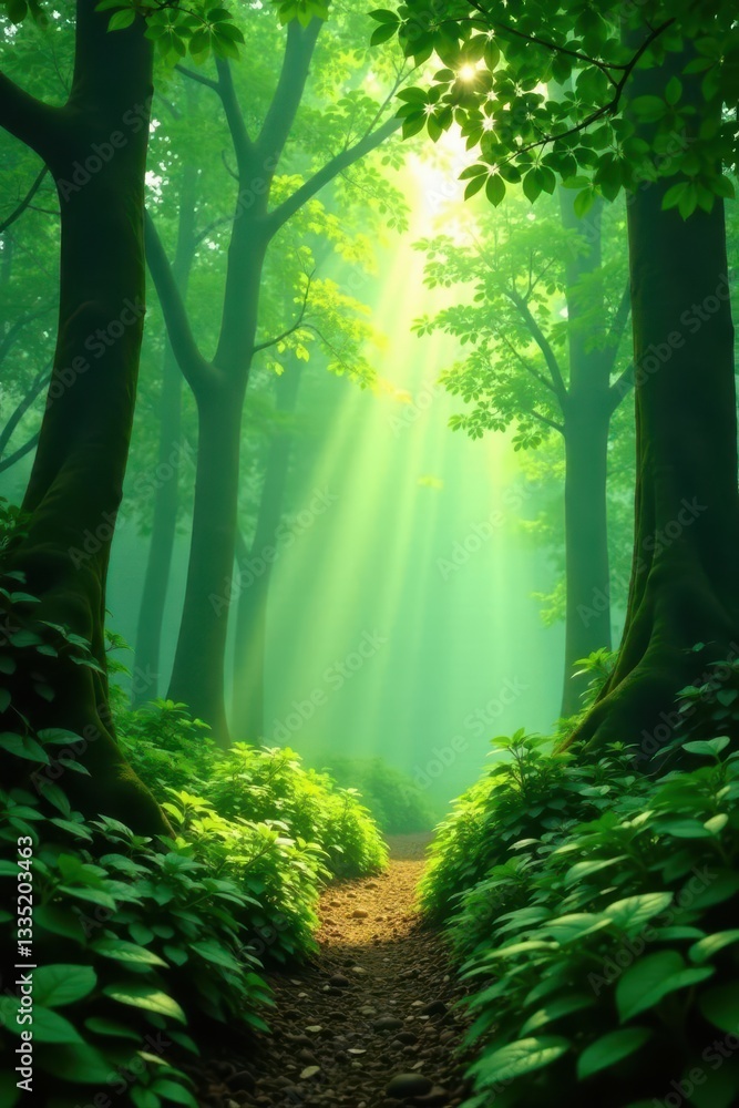 Obraz premium Misty green forest, sunlight filtering through leaves, flora, fantasy