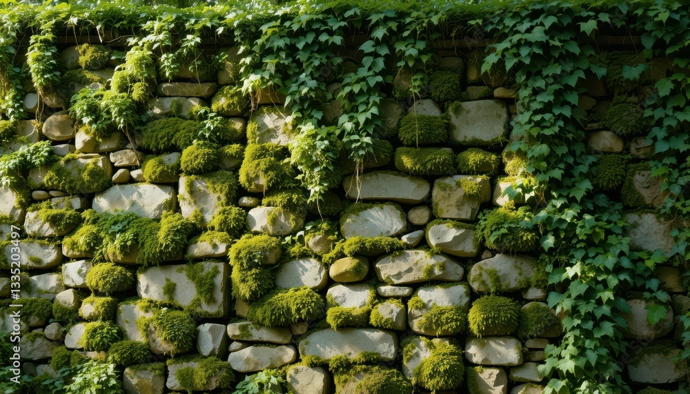 Lush Green Ivy and Moss on Natural Stone Wall in Bright Sunlight Lush Green Ivy and Moss on Natural Stone Wall in Bright Sunlight