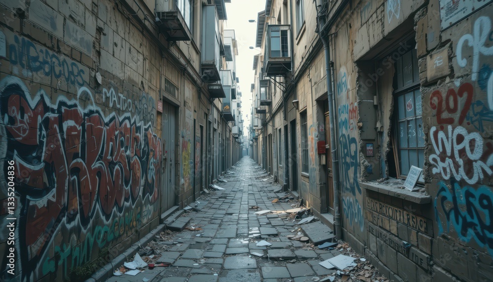 Fototapeta premium Abandoned Urban Alleyway with Graffiti and Debris in City