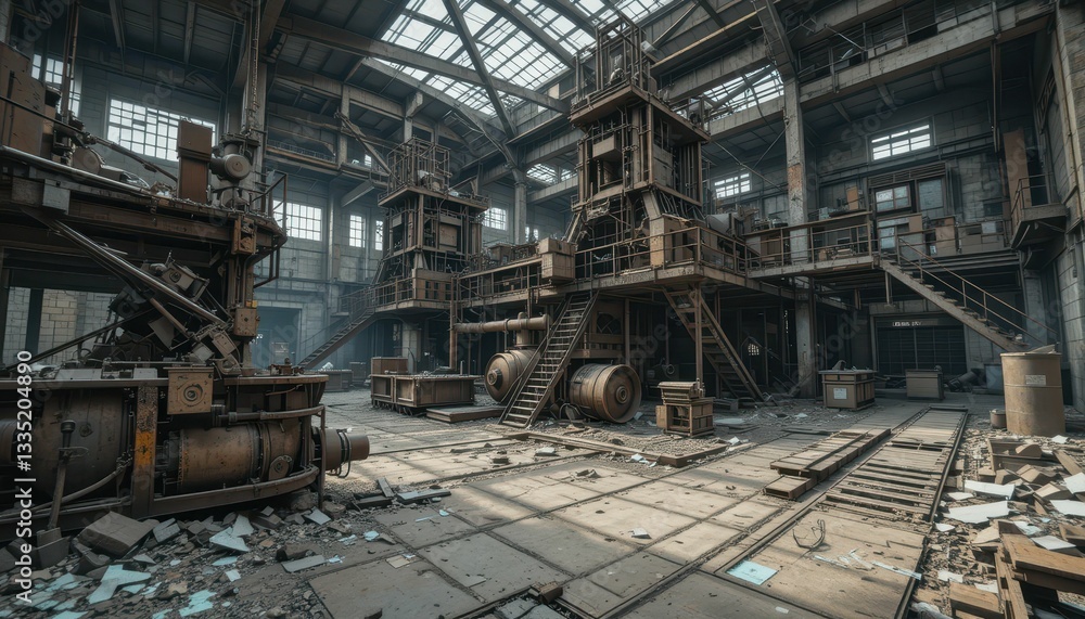 Abandoned Industrial Warehouse with Rusty Machinery and Dusty Floor Abandoned Industrial Warehouse with Rusty Machinery and Dusty Floor