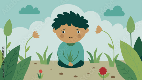 Overgrown Garden A garden overrun with weeds and wilting flowers representing the neglected emotional growth of a child that could have flourished with care.