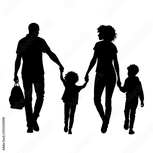 Silhouette of four people belonging to an African American family: dad, mom and two children