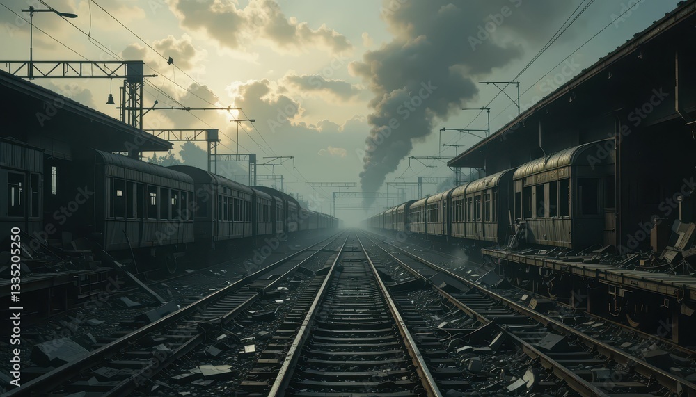 Fototapeta premium Abandoned Train Yard with Rusty Carriages Under Dramatic Sky