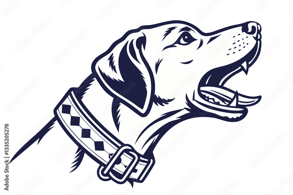 black and white stylized image of a barking dog's head