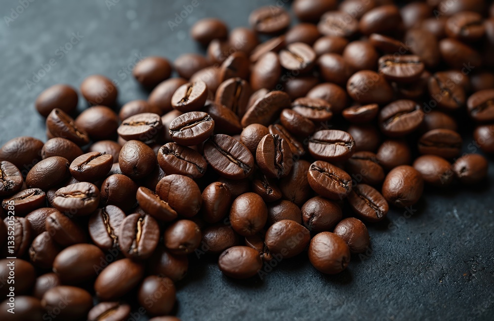 Rustic coffee beans lie scattered on dark textured background. Rich, brown hues offer warm cozy feel. Perfect for coffee shop posters cafe wall art. Natural caffeine stimulant. Rustic coffee beans lie scattered on dark textured background. Rich, brown hues offer warm cozy feel. Perfect for coffee shop posters cafe wall art. Natural caffeine stimulant.