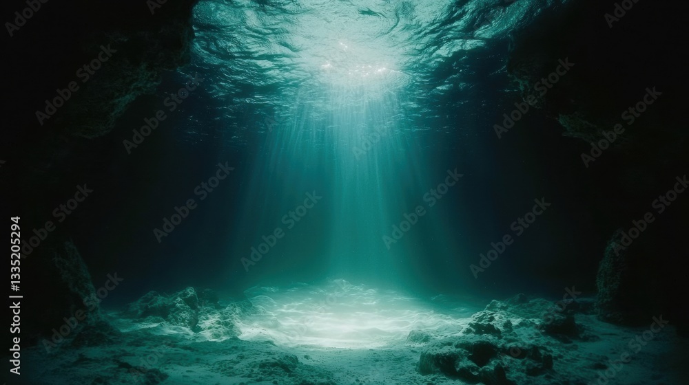 Obraz premium A deep blue underwater cave with sunlight rays shining through.