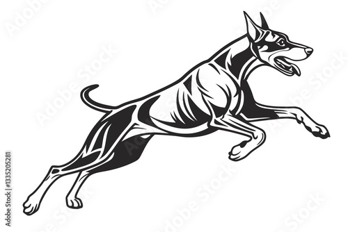 Black and white stylized image of an elegant Doberman running