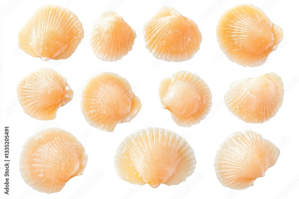 Fresh scallops displayed on white viewed from above and the side Fresh scallops displayed on white viewed from above and the side