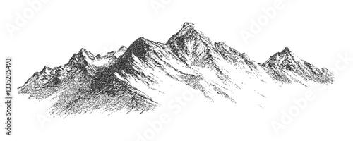 Pointillist grunge texture on abstract dotted mountain range. Vintage photocopy of rocky hills, mounted landscape with grainy noise. Retro halftone vector illustration.