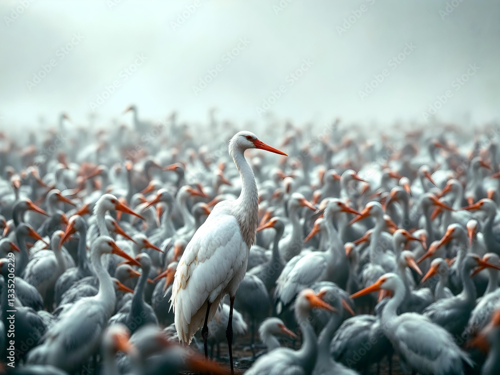 Naklejka premium White crane, standing out, sea of gray cranes, crowded flock, misty background