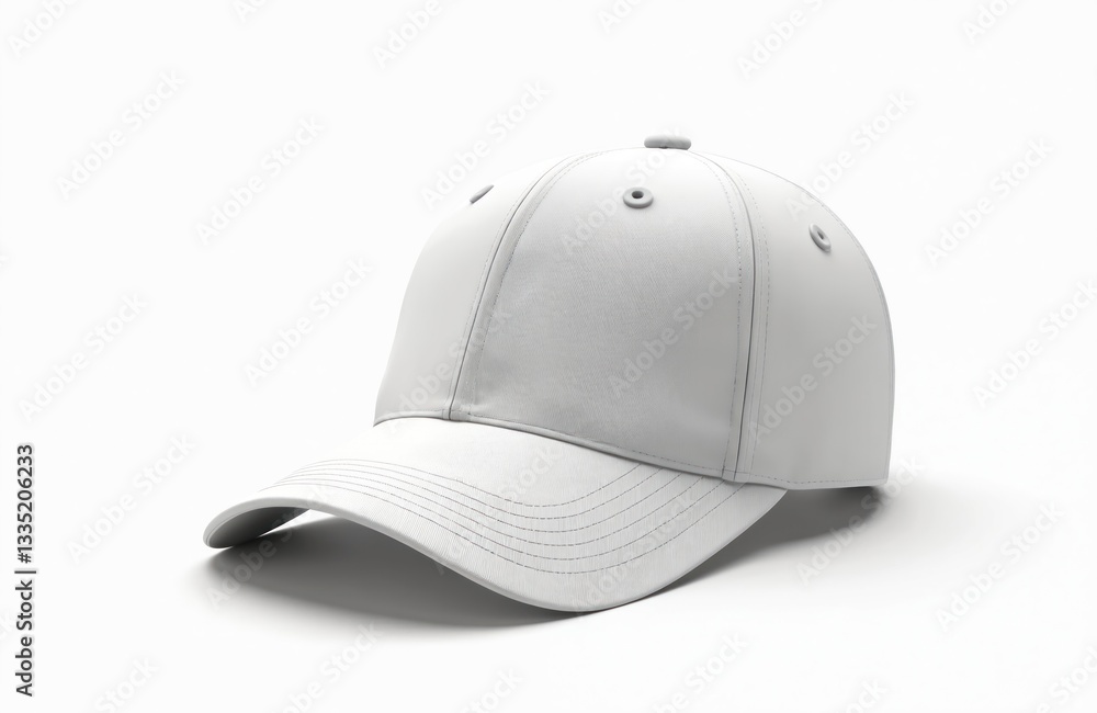 Obraz premium Isolated white baseball cap. Blank template for design. Cotton hat, visor. Sport style clothing accessory to wear. Unisex headwear for men women. Casual attire. Advertise apparel. Modern urban outfit