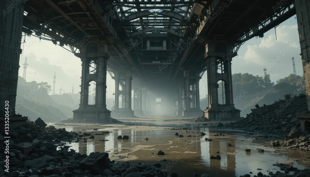 Obraz premium Abandoned Structure Under Bridge with Overgrown Landscape