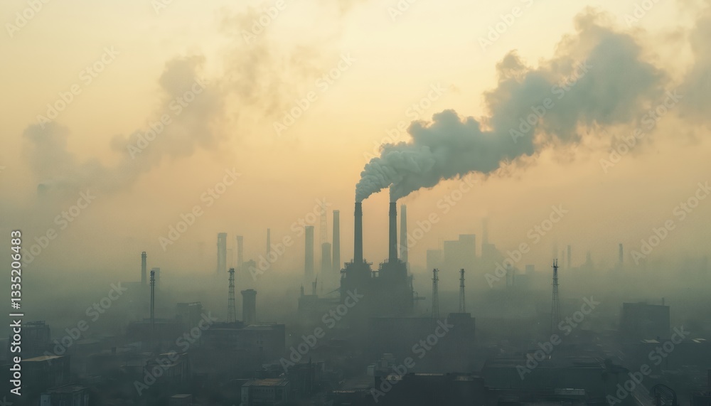 Urban skyline covered by smog, pollution. Industrial complex with smokestacks emits smoke. Harmful emissions, respiratory problems, grim negative impact, serious challenge to climate, environmental Urban skyline covered by smog, pollution. Industrial complex with smokestacks emits smoke. Harmful emissions, respiratory problems, grim negative impact, serious challenge to climate, environmental