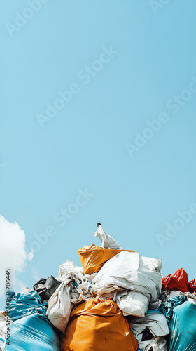 Waste management practices illustrated by colorful garbage bags on a landfill under a clear blue sky