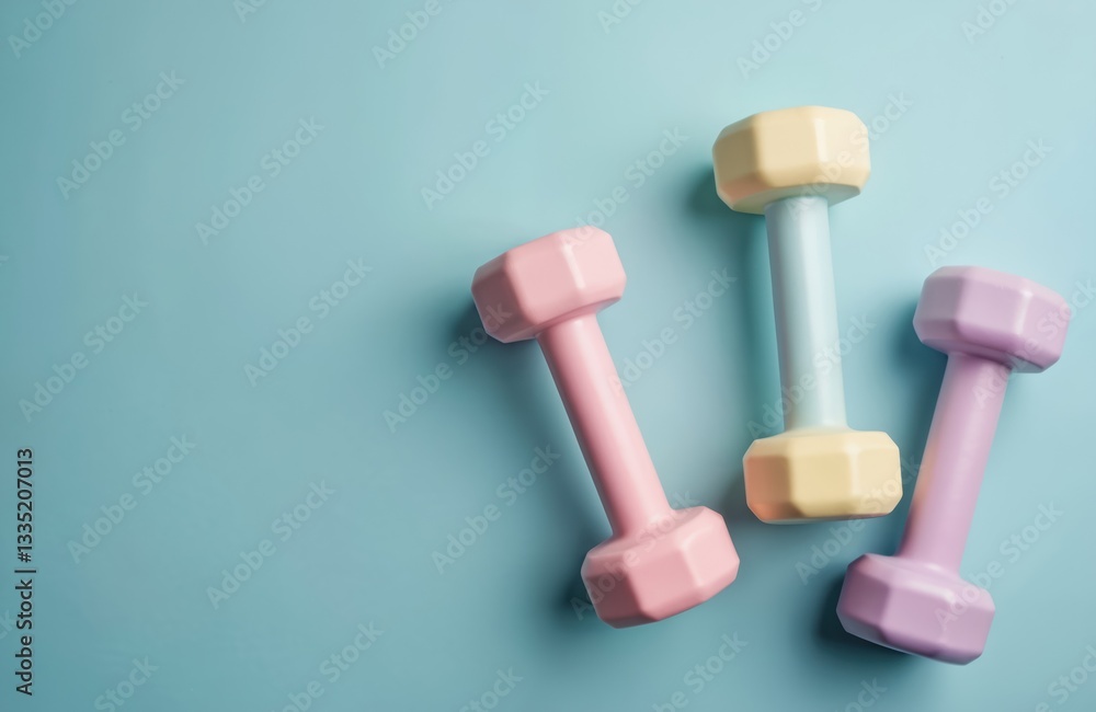 Pastel colored dumbbells on blue background. Pink, yellow, purple weights for fitness exercises, sport gym trainings. Healthy lifestyle, motivation, inspiration concept. Modern trendy minimalist Pastel colored dumbbells on blue background. Pink, yellow, purple weights for fitness exercises, sport gym trainings. Healthy lifestyle, motivation, inspiration concept. Modern trendy minimalist