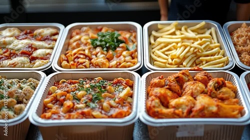 Delicious assortment of pasta dishes and sides displayed at a food event