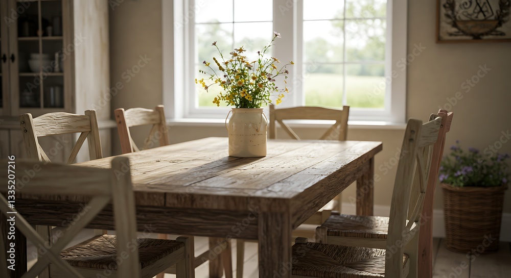 Fototapeta premium Rustic dining room scene with farmhouse table and wildflowers, ideal for interior design inspiration, home decor blogs, or lifestyle publications