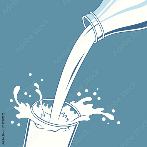 Pouring Milk: A visual depiction of a bottle of milk pouring into a glass with a splash. Emphasizing the freshness and purity of the dairy product.