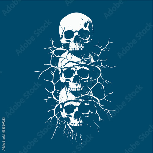 Black and white vector illustration of a skull wrapped in thorny roots. Dark and eerie design, perfect for metal band merch, tattoo art, t-shirts, posters, and gothic themes.