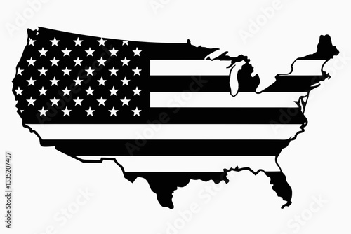USA map print over USA flag line art silhouette vector illustration