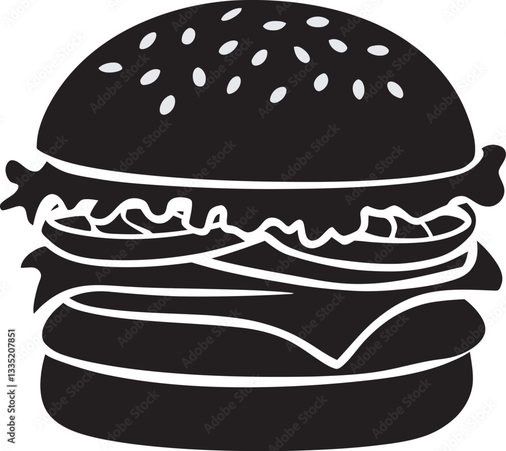 A Black vector silhouette of a standing American hamburger on a white background, hamburger on black background A Black vector silhouette of a standing American hamburger on a white background, hamburger on black background