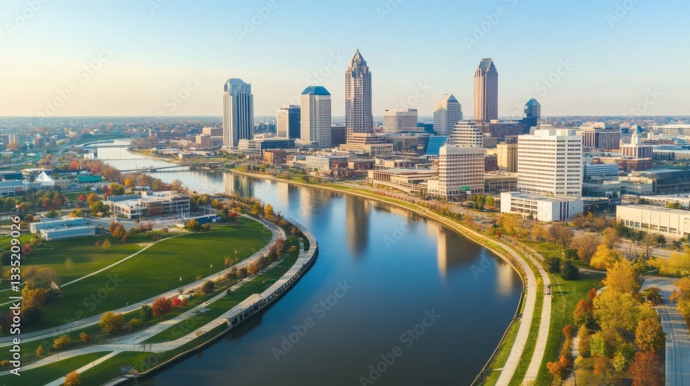Naklejka premium A cityscape aerial view featuring tall buildings and a waterway