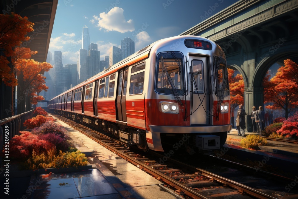 Naklejka premium A subway train arriving at a busy underground station