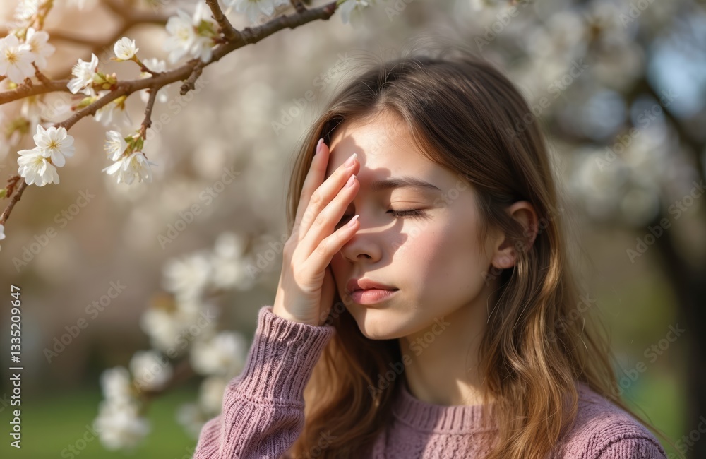 Naklejka premium Girl rubs eyes suffering from seasonal pollen allergy in spring park. Woman feels unwell, itchy eyes, inflammation symptoms. Spring blossom blooming tree, health care, outside seasonal infection