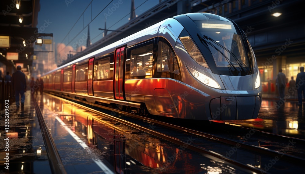 Naklejka premium A subway train arriving at a busy underground station