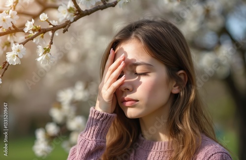 Girl rubs eyes suffering from seasonal pollen allergy in spring park. Woman feels unwell, itchy eyes, inflammation symptoms. Spring blossom blooming tree, health care, outside seasonal infection