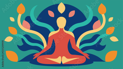 Meditation Scene A person meditating under a tree with swirling colors around them that represent peace inner calm and selflove radiating from within.