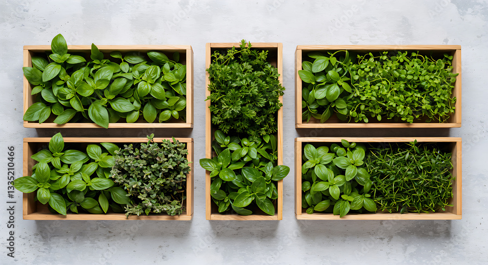 Flat Lay of Wooden Bento Boxes Filled with Fresh Herbs Flat Lay of Wooden Bento Boxes Filled with Fresh Herbs