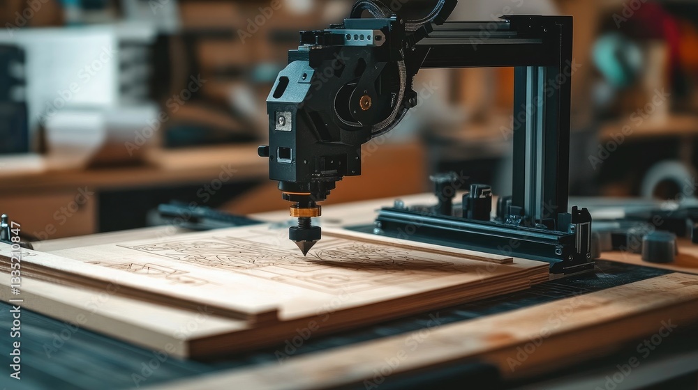 Fototapeta premium Precision Machinery for Wood Engraving in a Craftsman's Workshop with Detailed Tool Focus