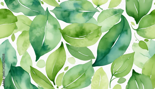 Watercolor illustration, vibrant and lush, featuring various green leaves on a white background
